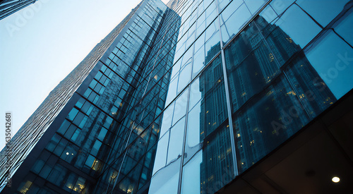 Distinctive modern skyscraper with dramatic diagonal lines and intricate glass façade patterns. Composition uses the rule of thirds with a focused lens capturing the unique texture of the building's r