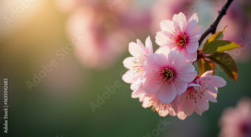Close-up of blooming cherry blossoms in soft pastel shades against a blurred deep green background, capturing the serene beauty of spring. Shot during golden hour with gentle diffuse light casting del
