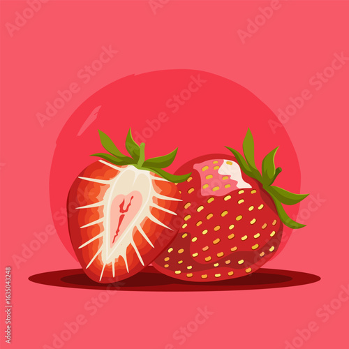Juicy and healthy red couple of cherries with green leaf isolated on bright colorful background. Vector fruit illustration in flat style. Summer clipart for diet design, healthy lifestyle, nutrition