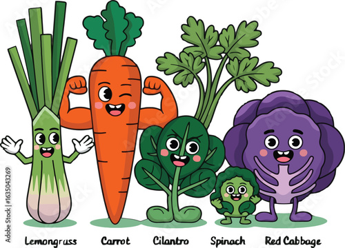 Cute Cartoon Vegetables with Faces and Arms, Healthy Eating Fun