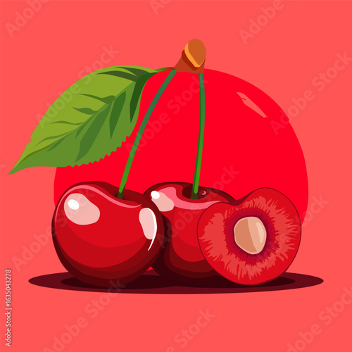 Juicy and healthy red couple of cherries with green leaf isolated on bright colorful background. Vector fruit illustration in flat style. Summer clipart for diet design, healthy lifestyle, nutrition