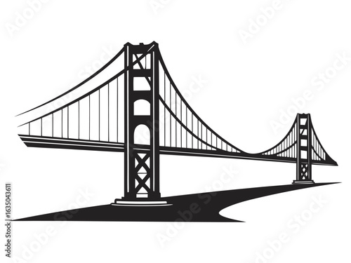 Iconic golden gate bridge silhouette in black and white with a road leading towards it