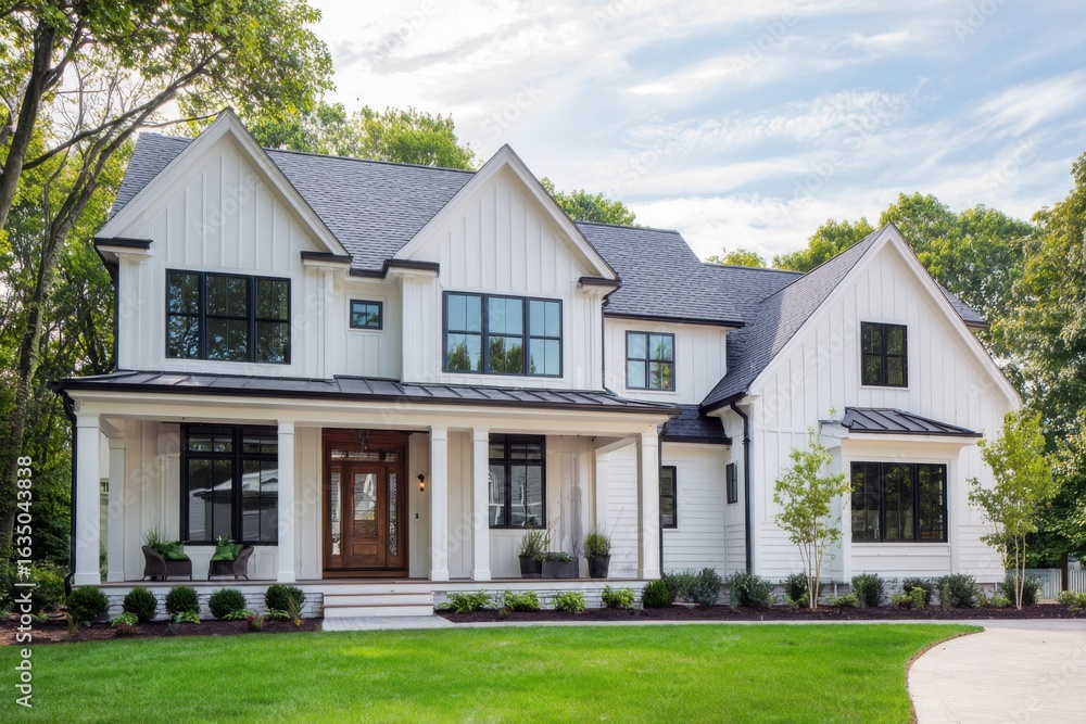 Obraz premium Beautiful modern farmhouse exterior showcasing white siding and large windows situated in a lush green landscape under a clear blue sky