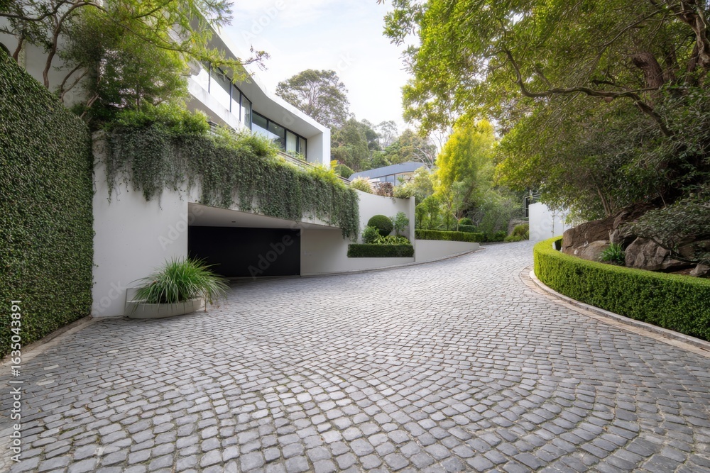 Modern architectural design showcases unique driveway and lush greenery in a tranquil residential setting near the forest Modern architectural design showcases unique driveway and lush greenery in a tranquil residential setting near the forest