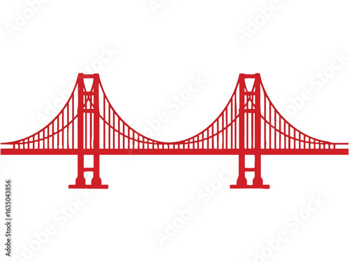 Iconic golden gate bridge structure in vibrant red against a clean white background