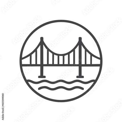 Minimalist line art icon of a suspension bridge with wavy water lines inside a circle