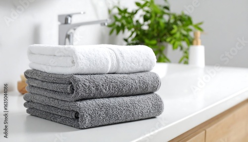 Stack of towels on bathroom counter