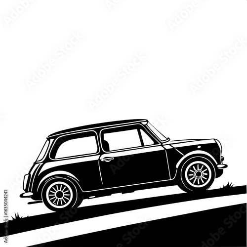 “A flat, minimalist black silhouette of a classic Mini Cooper in profile view, facing right, with five-spoke wheels and a pure white background. Clean, uncluttered composition.”