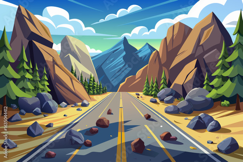 vector of The road is located between two mountains where you can see stones thrown from the mountain blocking the way.