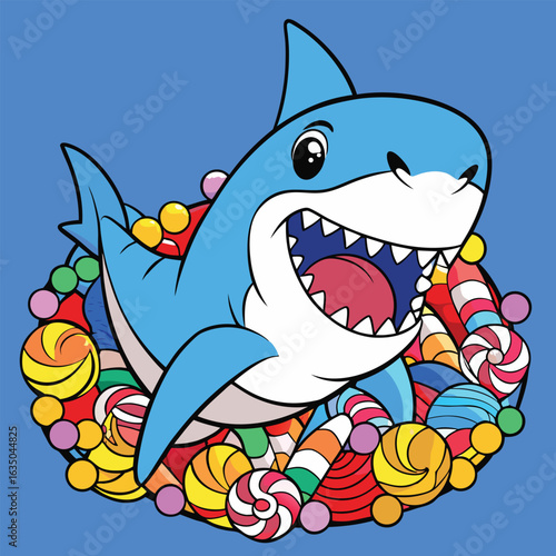 Happy cartoon shark surrounded by colorful candies and sweets