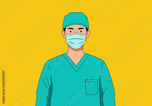 Cartoon Doctor in Teal Scrubs and Mask on Yellow Background