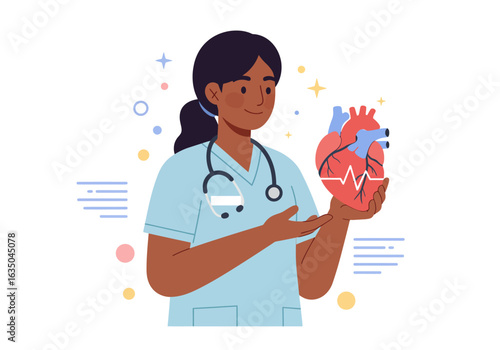 Cartoon Doctor Holding Anatomical Heart with ECG Line