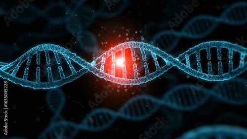 Rotating DNA helix with glowing genes in molecular loop