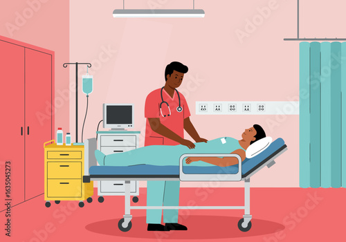 Doctor Attending to Patient in Hospital Bed with Medical Equipment