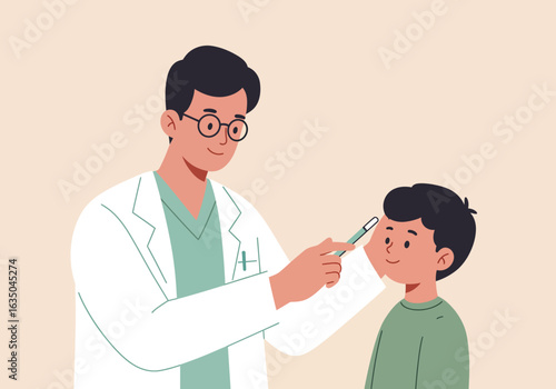 Doctor Examining Young Boy with Penlight During Medical Checkup