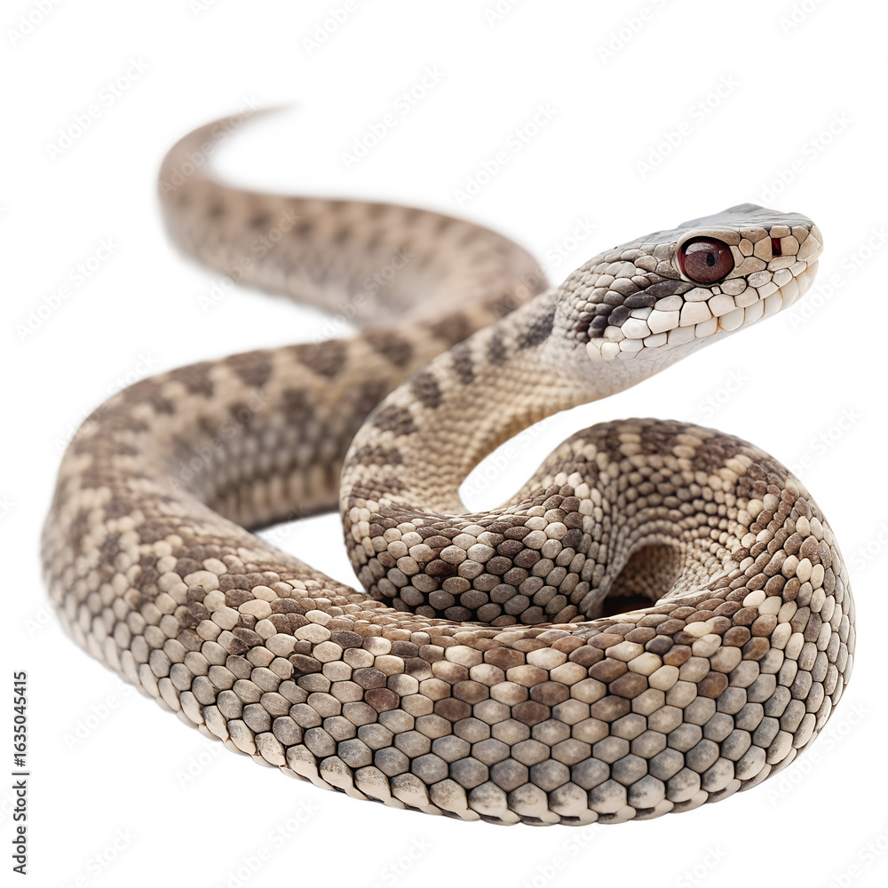 Fototapeta premium A close-up of a light brown and cream patterned snake with smooth scales and a slender body. The snake is coiled and facing forward against a black background.