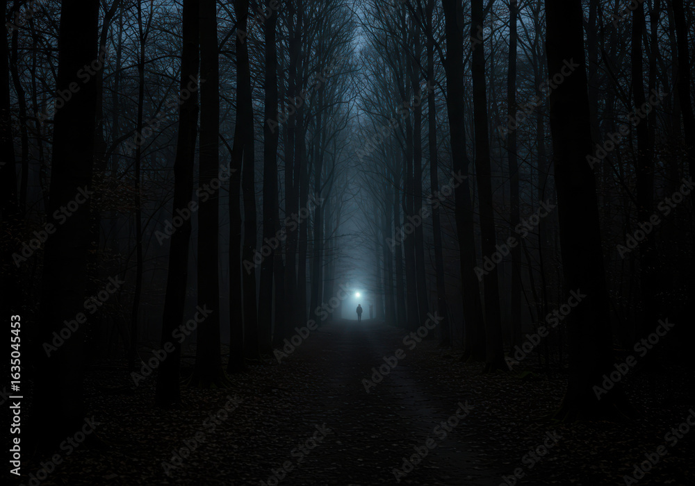 Obraz premium A solitary figure illuminated by a bright light in a dark dense forest at night