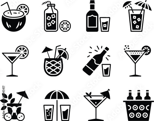 Collection of black and white vector icons depicting various tropical cocktails and drinks suitable for bar menus and summer designs