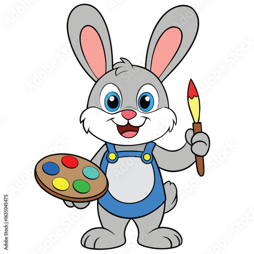 Cute cartoon bunny rabbit artist with paintbrush and palette isolated on white background