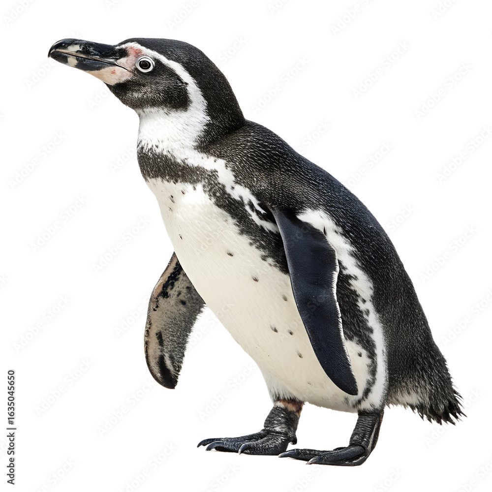 Obraz premium A close-up of a Humboldt penguin standing on a black background. The penguin has a distinctive black and white plumage with a light pink patch on its face.