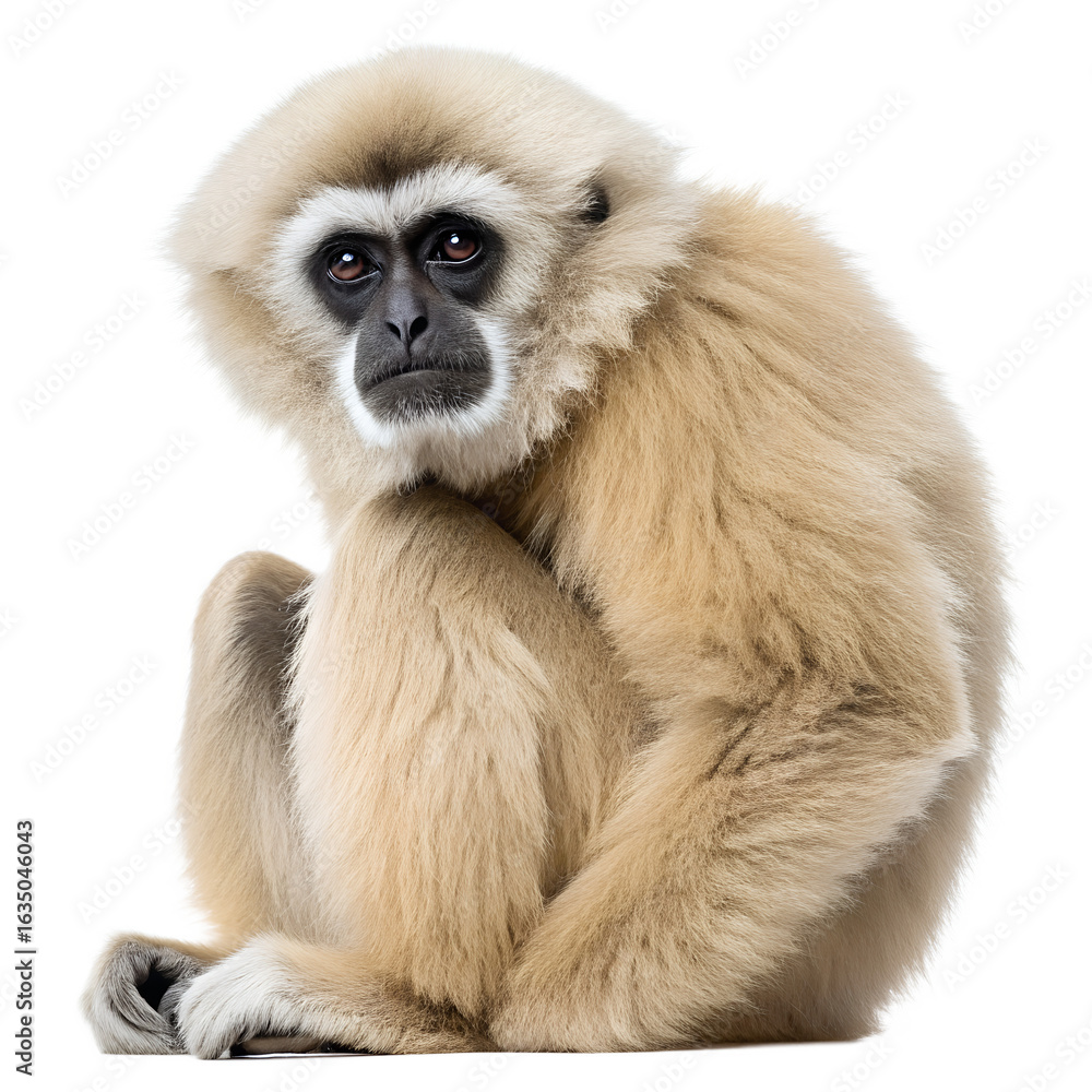 Fototapeta premium A solitary gibbon sits in a relaxed position. The gibbon has light beige fur and a distinct facial structure with dark eyes and a small mouth.