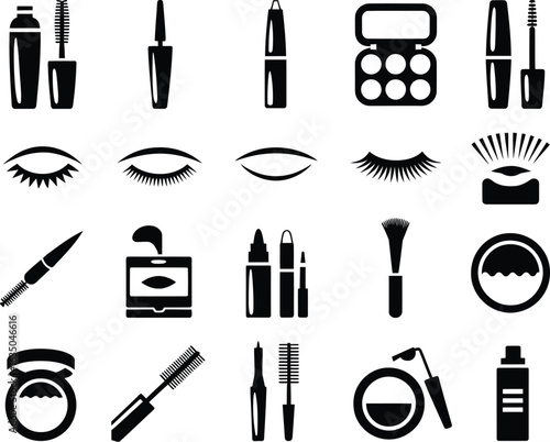 Collection of Black Silhouette Cosmetic Icons Beauty Products for Makeup Application and Personal Care on White Background