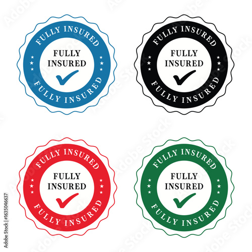 Fully Insured Badge Labels in Multiple Colors with Checkmark Icons for Business Use