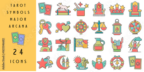 Symbols of the Major Arcana Tarot in a colorful set of 24 icons