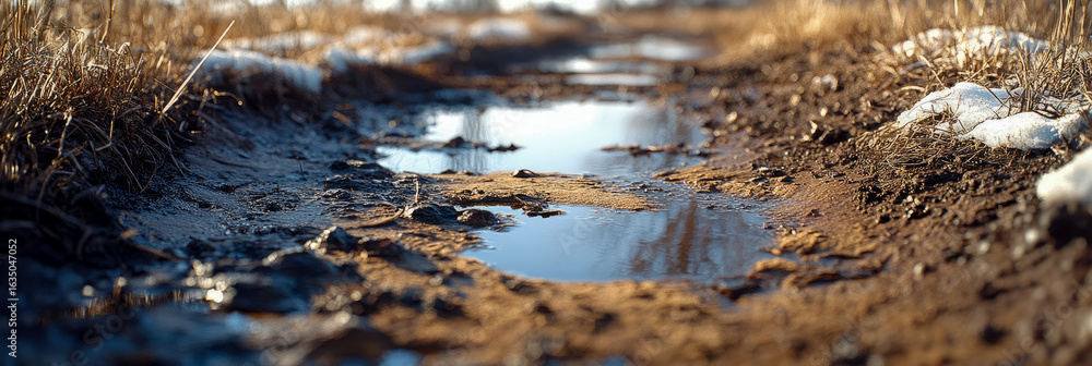 Fototapeta premium Close-up view of sunlit rural dirt path filled with reflective puddles, bordered by dry grass and melting snow, hinting at early spring thaw