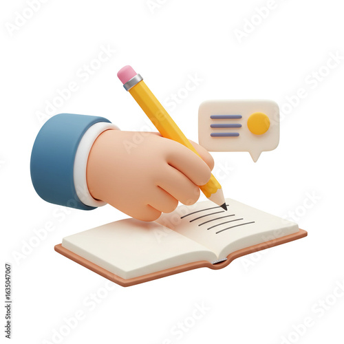 3D illustration Hand Writing in Notebook with Yellow Pencil and Chat Bubble Design