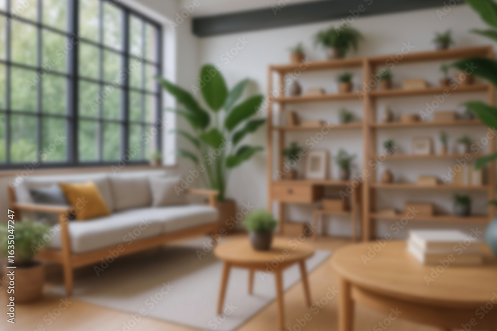 Fototapeta premium Blurred view of modern living room with sofa and soft bench. room interior with couch, armchair and coffee table or shelving units. stylish living room. comfortable workplace near big window.