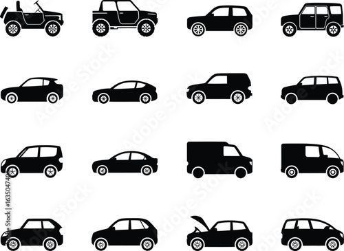 Collection of Car Silhouette Icons Different Body Styles for Transportation and Vehicle Design Projects