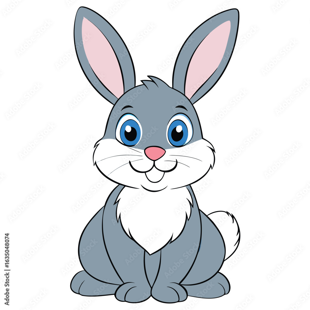 Fototapeta premium Cute cartoon grey rabbit sitting, isolated on white background
