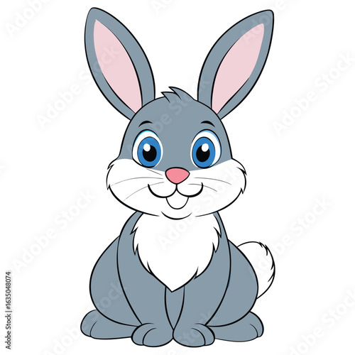 Cute cartoon grey rabbit sitting, isolated on white background