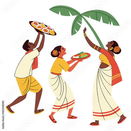 Three people in traditional attire carrying food under a palm tree in a festive celebration scene created with generated ai