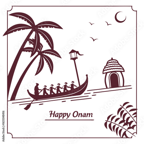 Illustration of a boat race with rowers and palm trees for happy onam celebration design vector created with generated ai