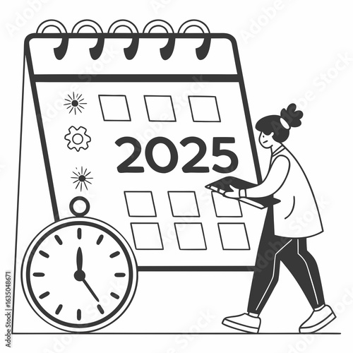 Illustration of a woman planning on a calendar for the year twenty twenty five with a clock nearby created with generated ai