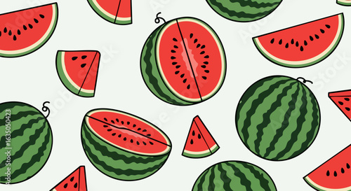 Watermelon Vector Illustration with Slices and Whole Fruit on Light Background for Food Blogs, Summer Themes, Kitchen Decor, Social Media Posts, and Educational Content  