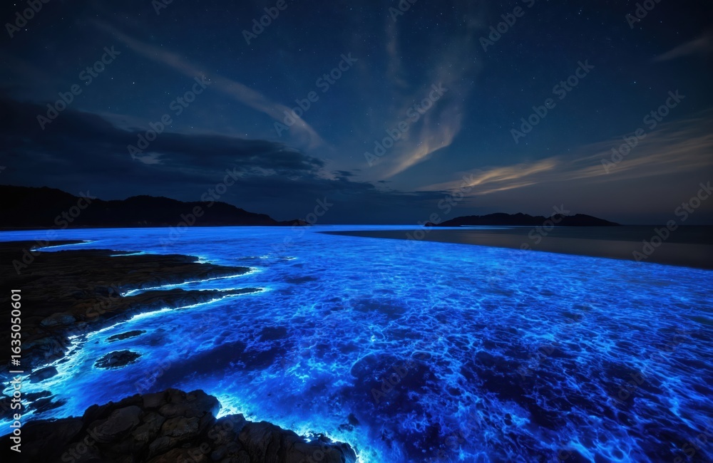 Naklejka premium Bioluminescent plankton illuminate ocean surface at night creating celestial glow along coast. Starry sky above dark sea, gentle waves lap rocky shore. Natural phenomenon, magical glowing water.