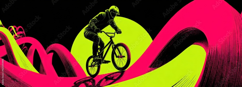 Fototapeta premium BMX rider performing tailwhip over neon-pink obstacles with green AR wheel rotation loops