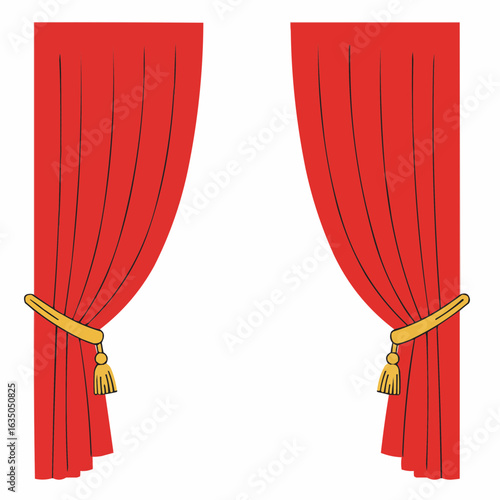 Red stage curtains tied back with golden tassels on white background  