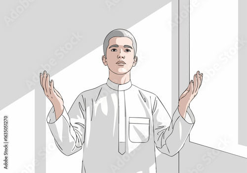 Vector Illustration of a Young Man with Open Hands in a Bright Interior for Blogs, Websites, Mental Health Awareness, Educational Content, and Social Media Communities  