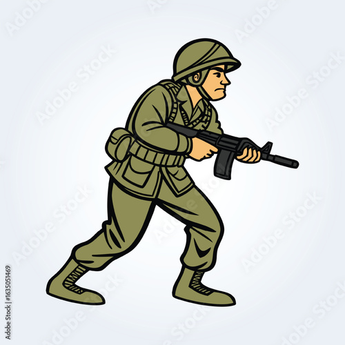 An illustration cartoon character of a pakistani military man walking in ground with gun