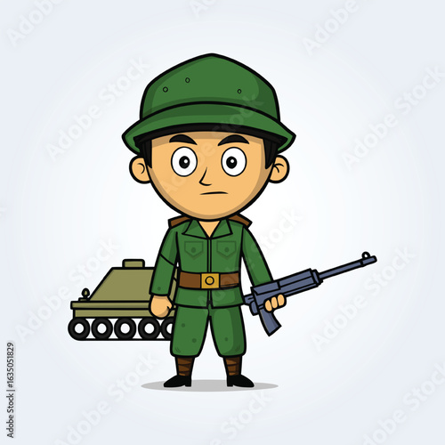 An illustration cartoon character of an military man a gun in left and and tank in background