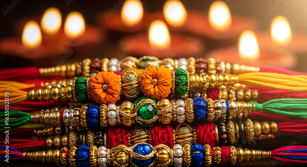 Fototapeta premium Colorful Rakhi bracelets, traditional Indian festival threads, adorned with beads, and flowers. These vibrant Raksha Bandhan threads symbolize sibling bonds and love.