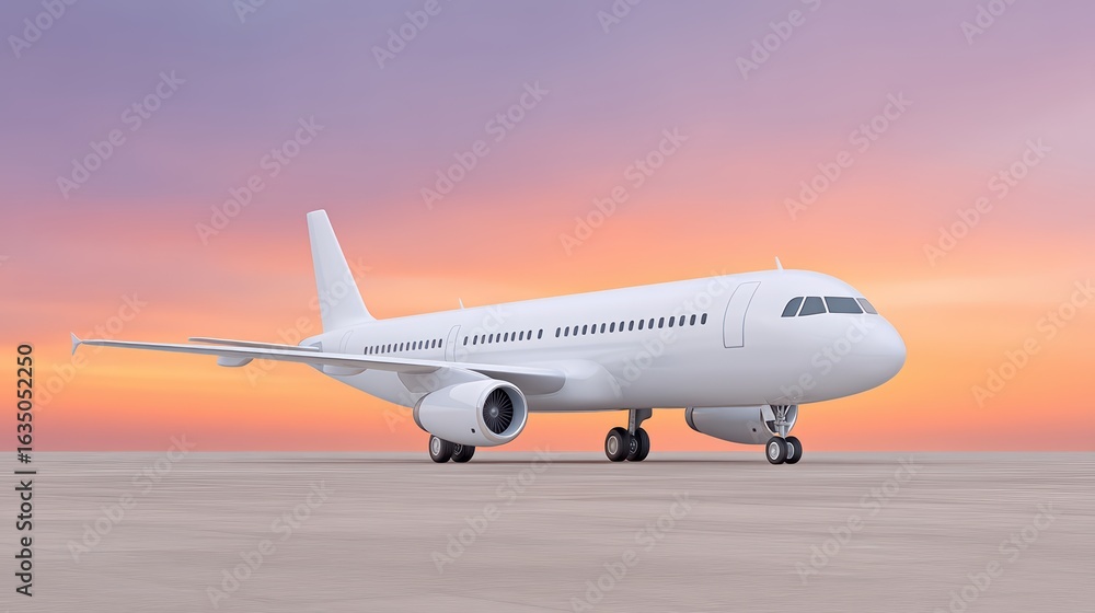 Fototapeta premium White Airplane on a Runway During Sunset Sky Background