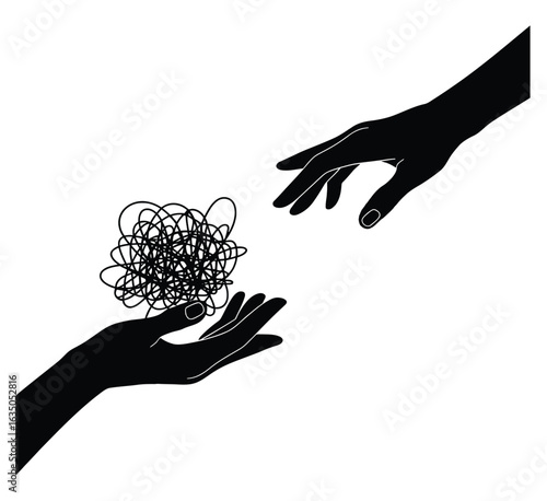 Mental Health Support Concept - Helping Hand Reaching to Untangle Mind Chaos Black Silhouette Vector Illustration