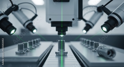 Detailed capture of hightech automated inspection equipment scrutinizing aerospace fastener thread pitch and alignment in controlled setting.