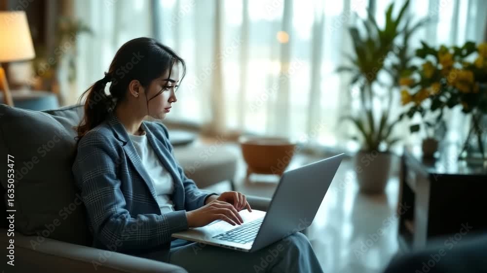 Young woman working on laptop while sitting on a sofa at home - Concept of remote work Young woman working on laptop while sitting on a sofa at home - Concept of remote work