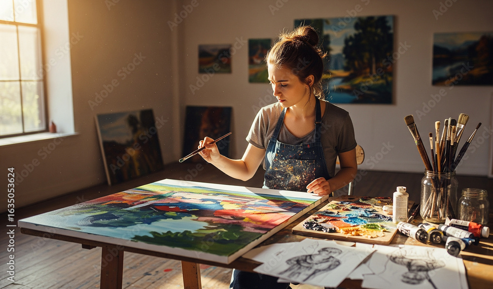 Fototapeta premium Young female artist painting on large canvas in sunlight studio